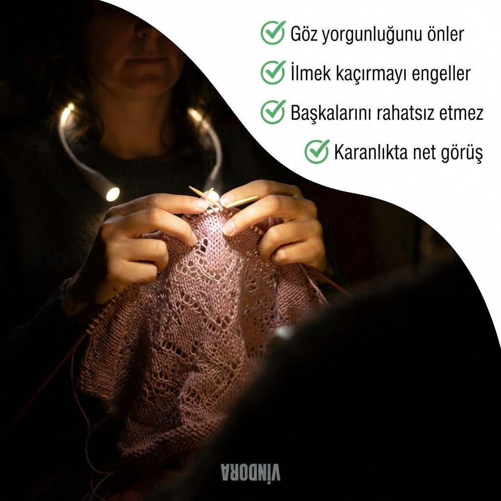 Vindora Şarj Edilebilir Örgü Lambası | Boyunda Taşınan LED Işık, 3 Mod
